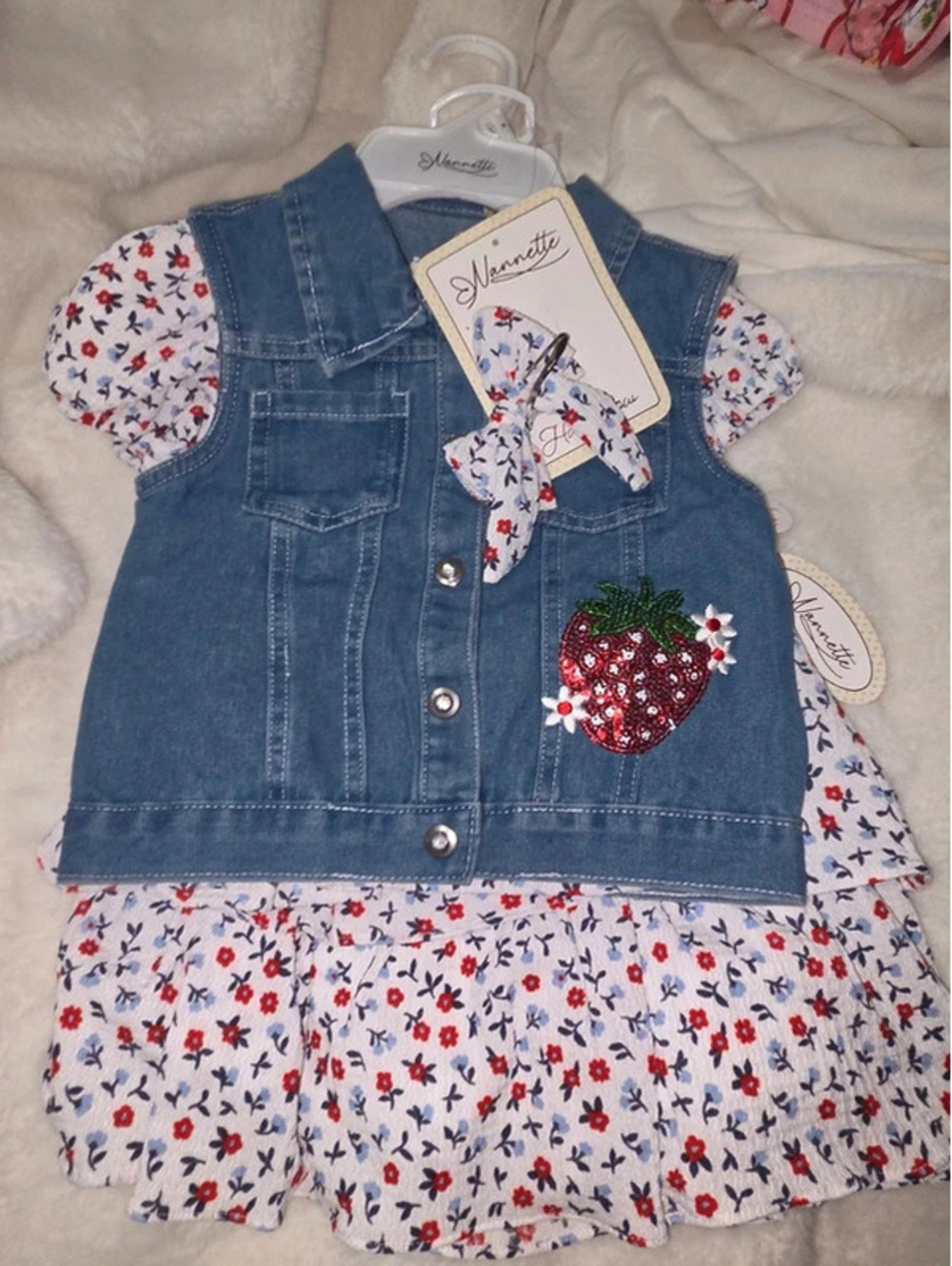 Four piece strawberry jean and skirt outfit size 5